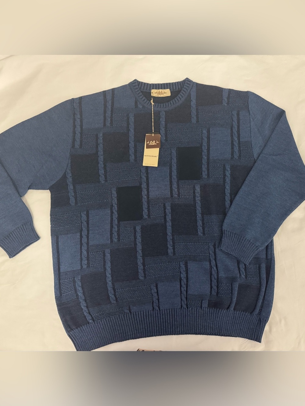 NWT Montechiaro Italy Size 2XL 3D Knit Coogi Style Blue Black Crew Sweater Men's